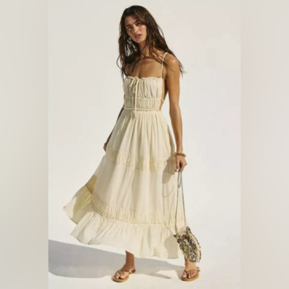 Free People Boho Maxi Dress Cream/White NWT 100% Cotton Adjustable Straps Size L - Picture 1 of 8